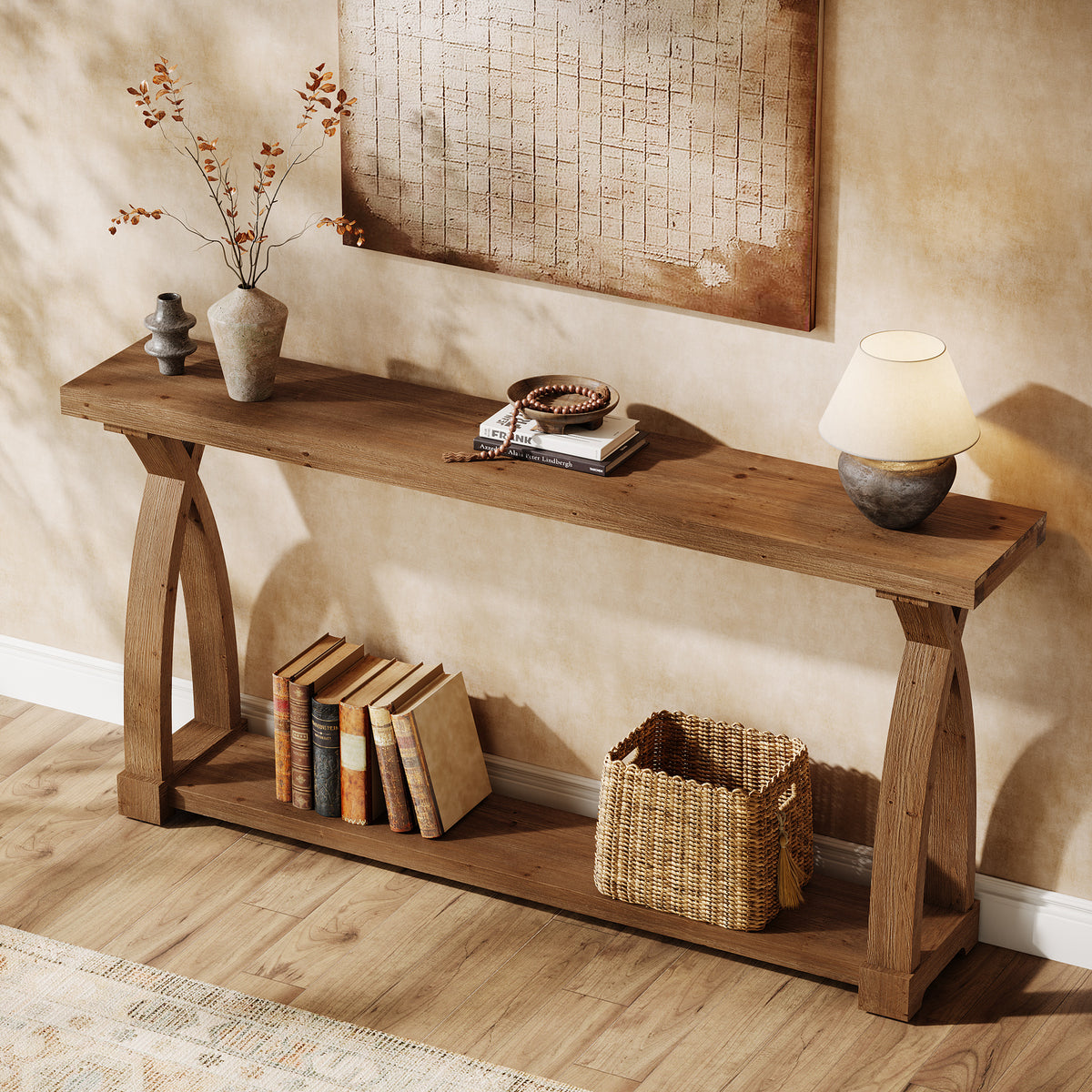 160cm Console Table, Narrow Solid Wood 2-Tier for Hallway Living Room