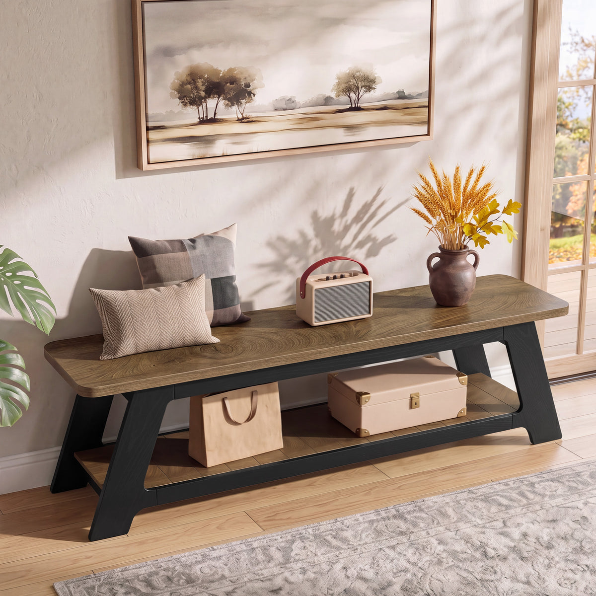 160cm Entryway Bench, Farmhouse Wooden Shoe Storage Bench with Shelf for Hallway