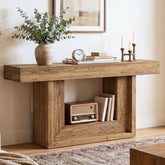 160cm Solid Wood Console Table with U-Shaped Base, Farmhouse Narrow Entryway Table with Open Storage Shelf 3
