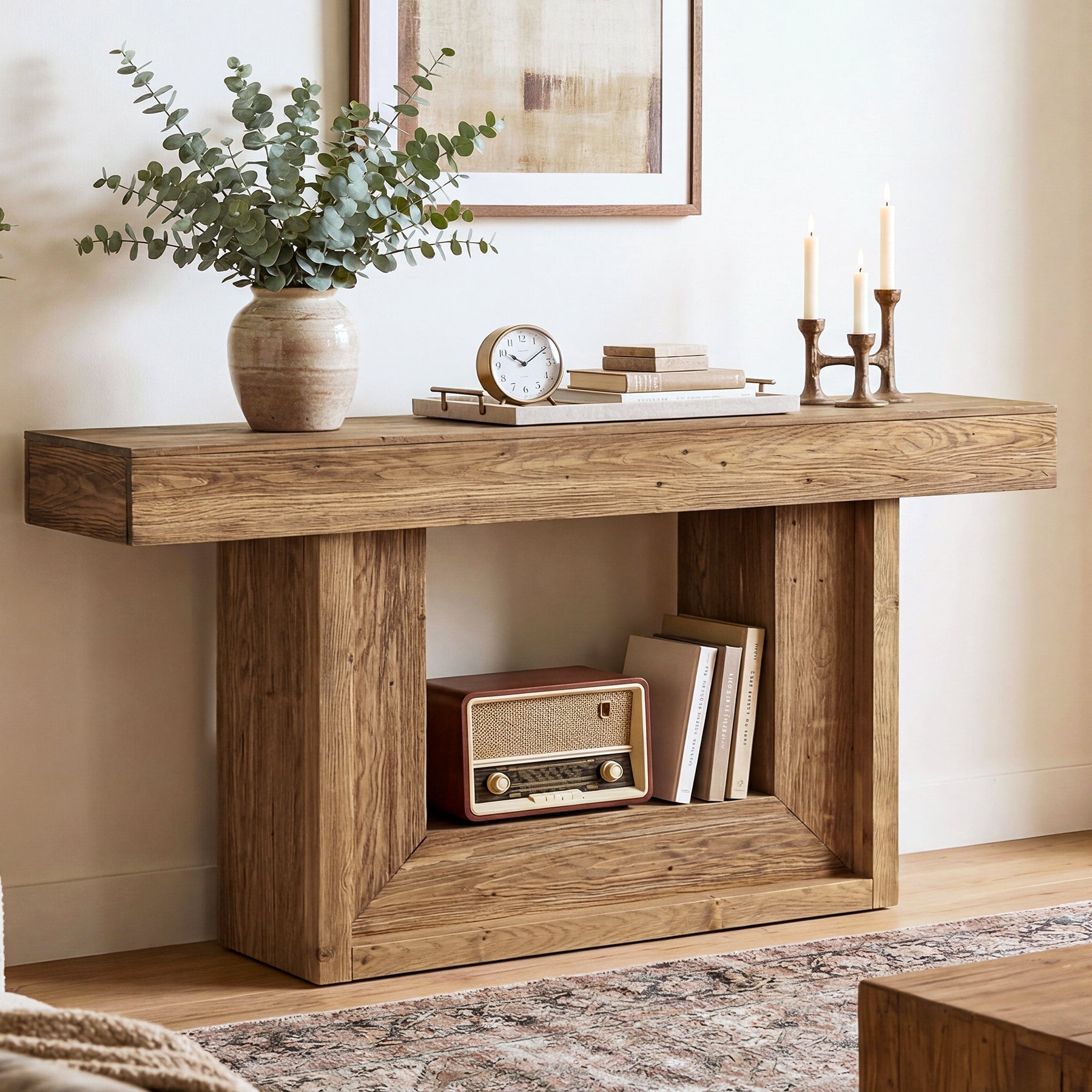 160cm Solid Wood Console Table with U-Shaped Base, Farmhouse Narrow Entryway Table with Open Storage Shelf