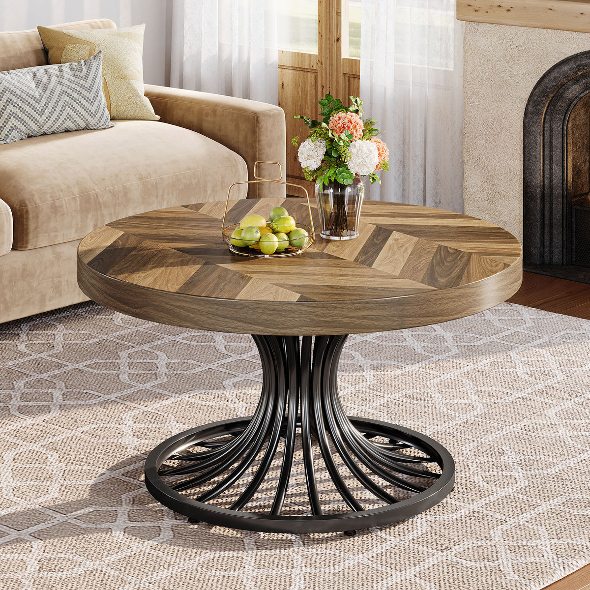 79cm Round Coffee Table, Rustic Wood Top with Metal Base for Living Room