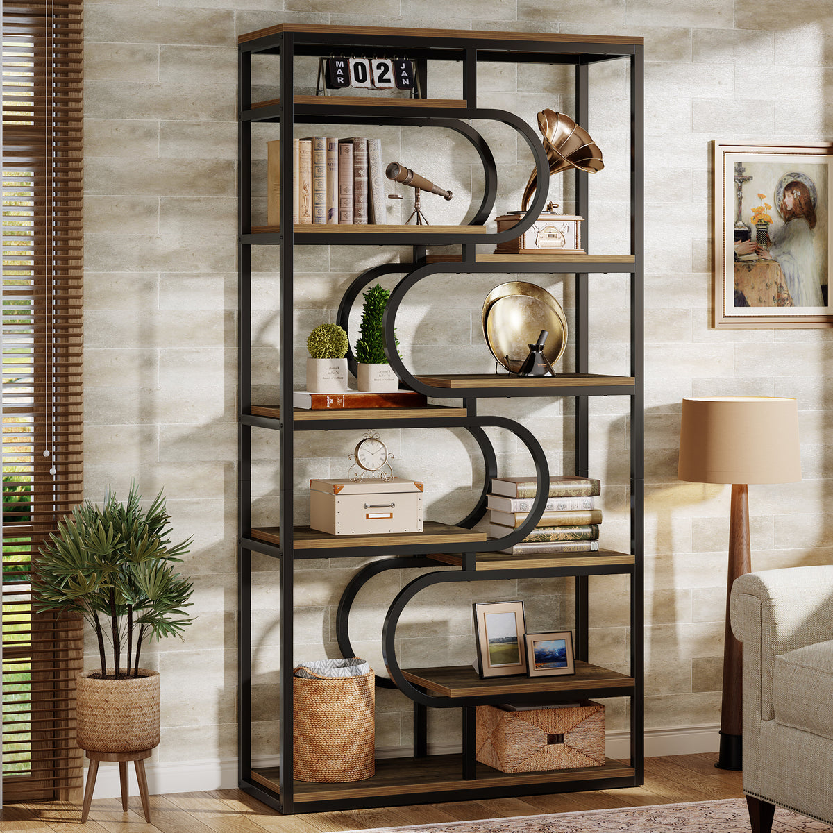 180cm 5-Tier Bookcase, Industrial Metal Frame Shelf for Home Office
