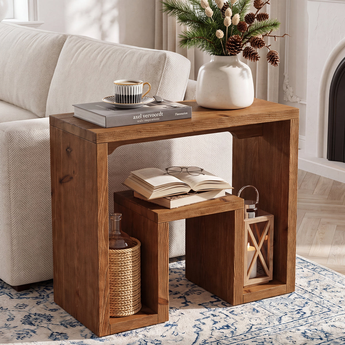 60cm Side Table, U-Shaped Solid Fir Wood Farmhouse Accent Table for Living Room