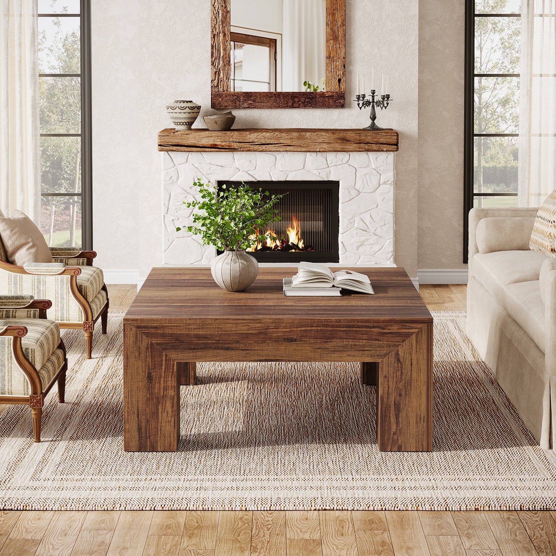 39" Square Farmhouse Coffee Table, Tea Table with Sturdy Wood Legs