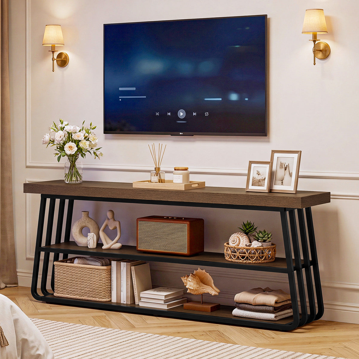 160cm TV Stand, 3-Tier Media Console with Metal Frame for Living Room