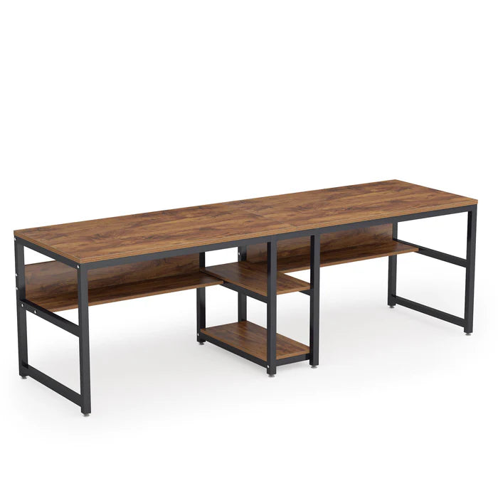 78.7 " Two Person Computer Desk with Bookshelf, Rustic Writing Desk Workstation with Shelf for Home Office