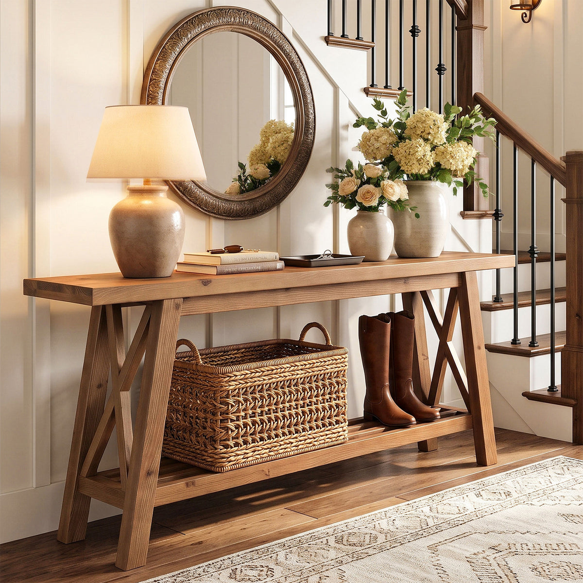 160cm Console Table, Solid Wood X-Brace 2-Tier Entryway Sofa Table with Storage