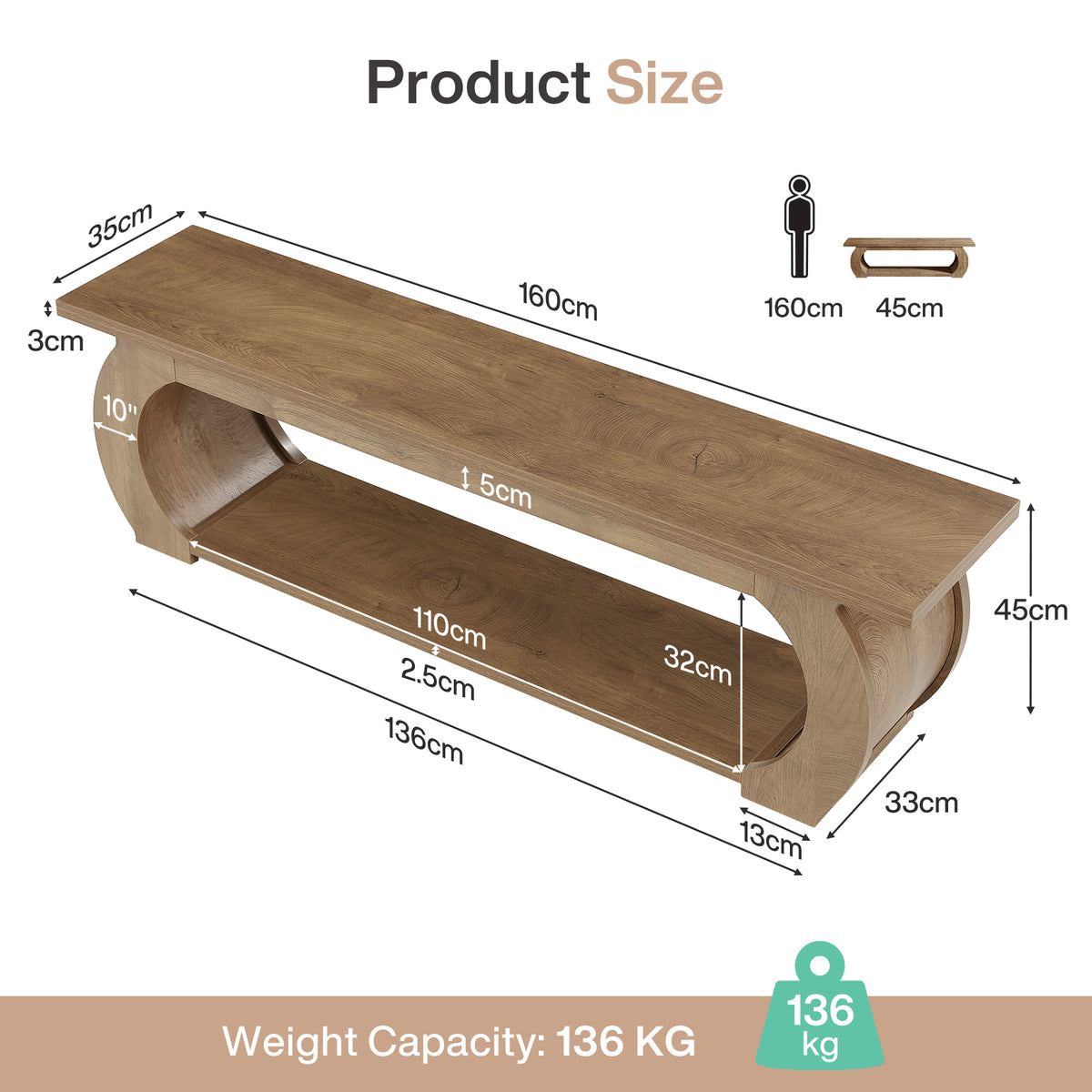 160cm Bedroom Bench, Country Storage Bench with Open Shelf & Curved Wood Frame