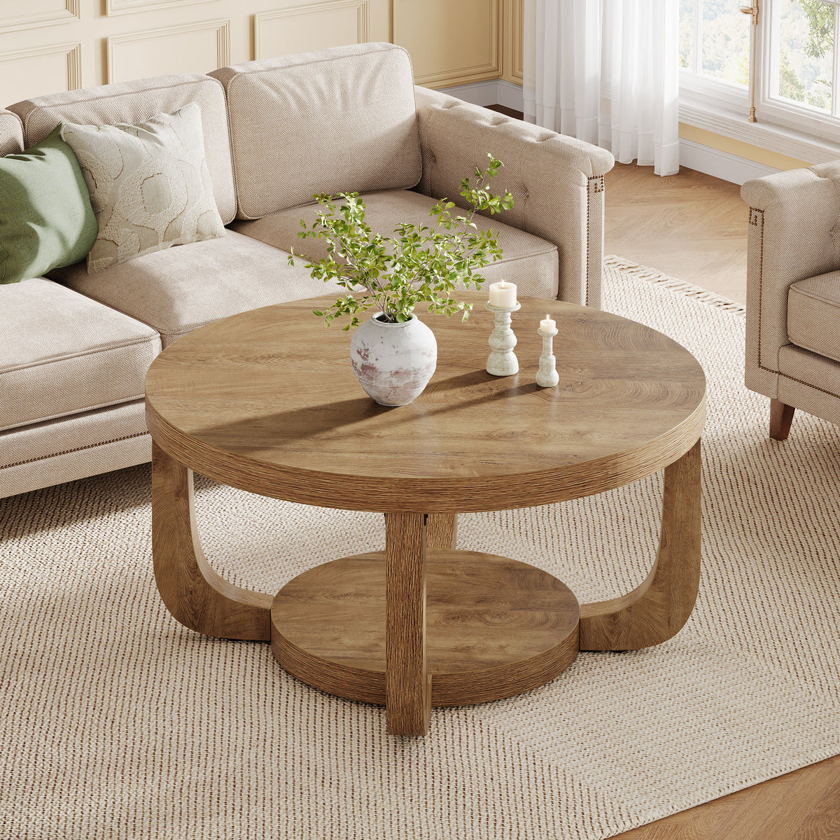 80cm Round Coffee Table, 2-Tier Storage Coffee Table for Living Room & Bedroom