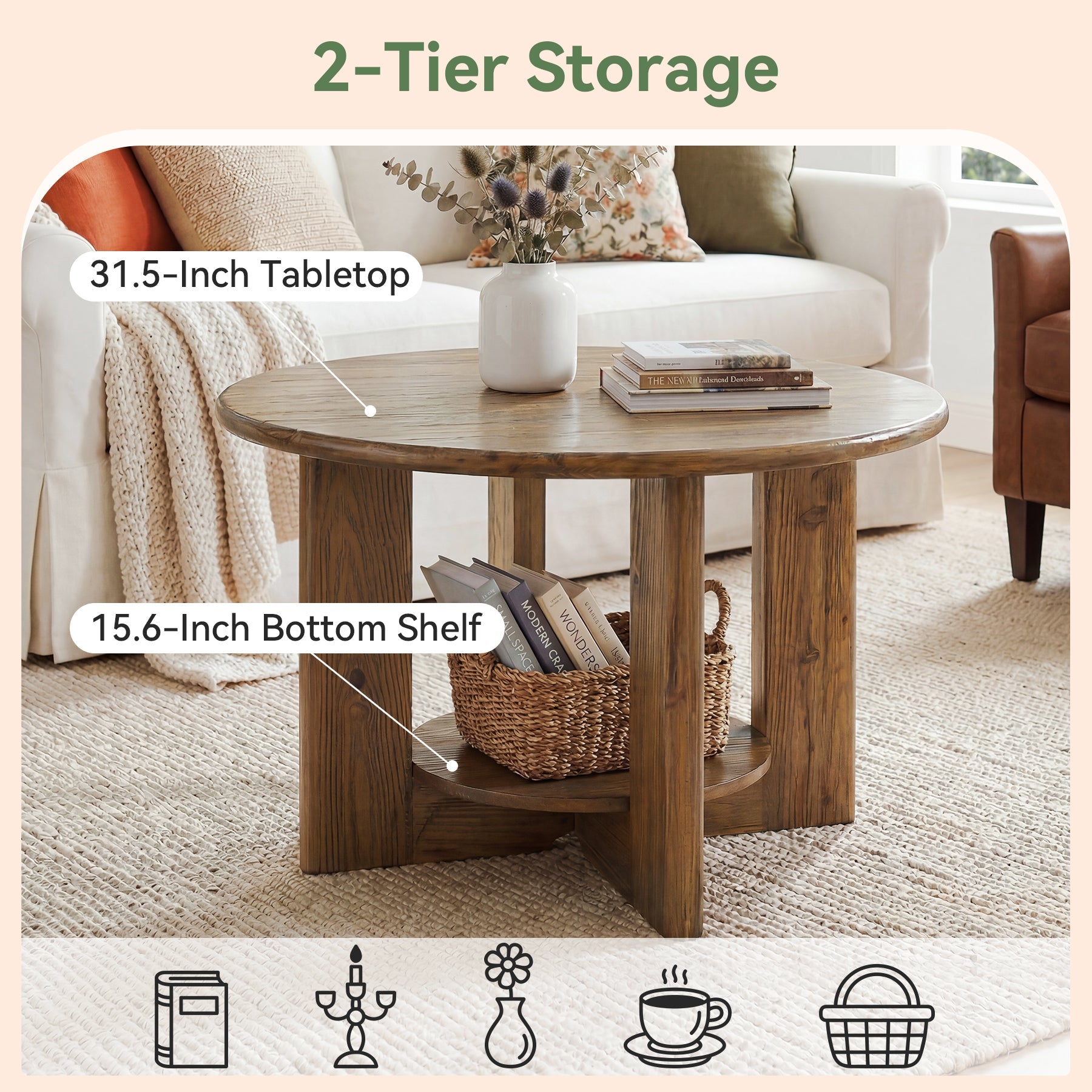 80cm Solid Wood Round Coffee Table, 2-Tier Accent Center Table with Storage