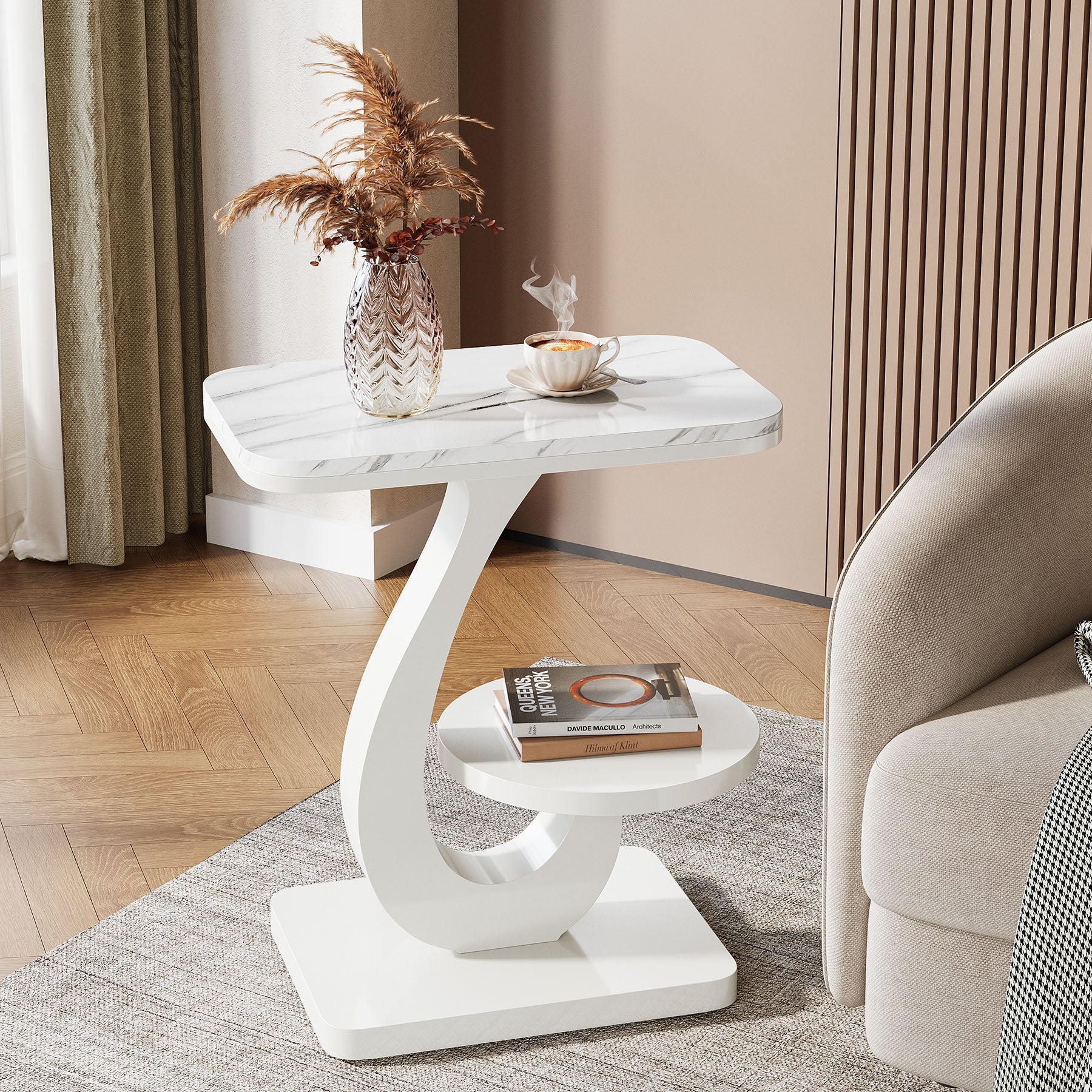 23.62" C-Shaped End Table with Faux Marble Top, Modern 2-Tier Side Table for Sofa and Bed