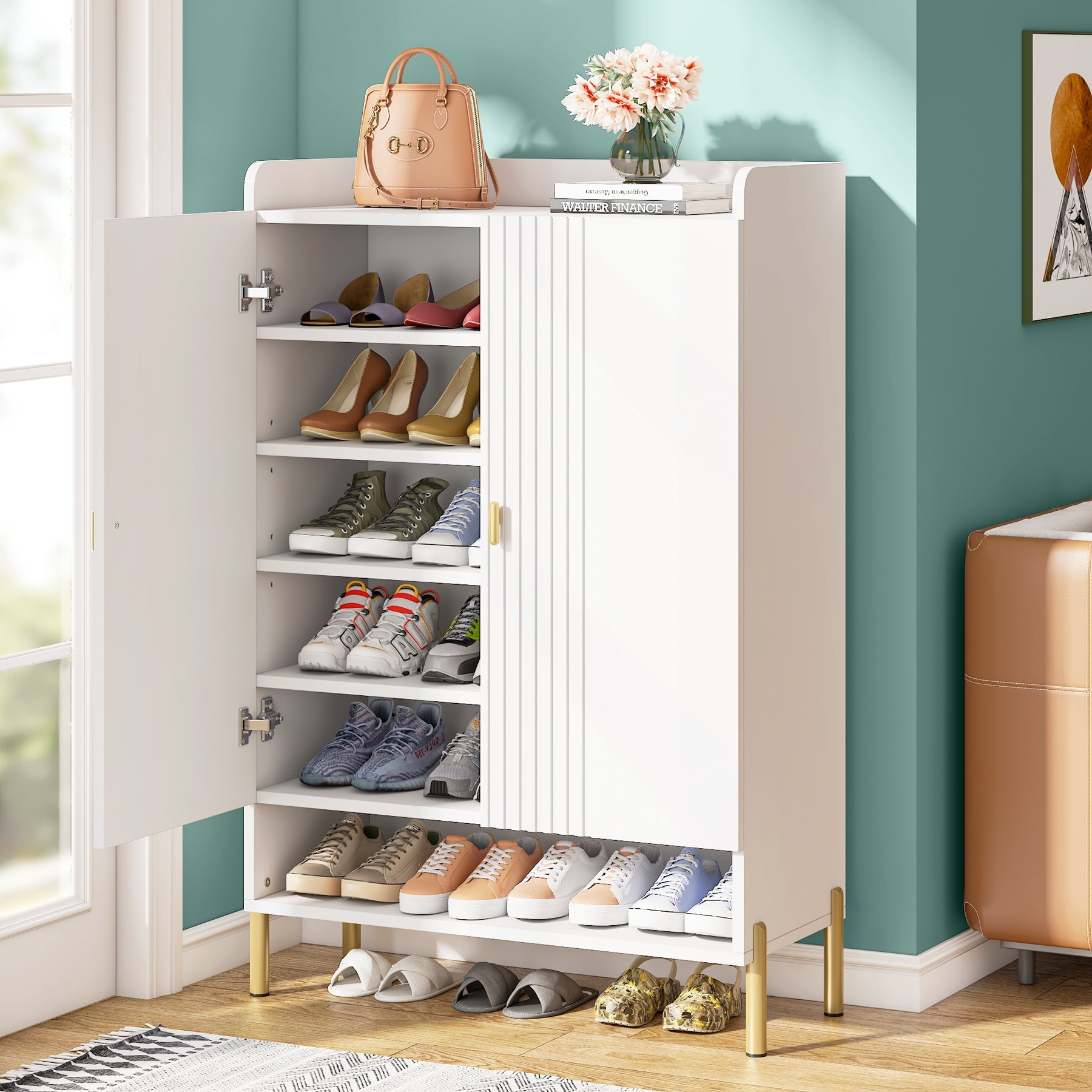 6-Tier Shoe Cabinet, Freestanding White Organizer with Doors for Entryway