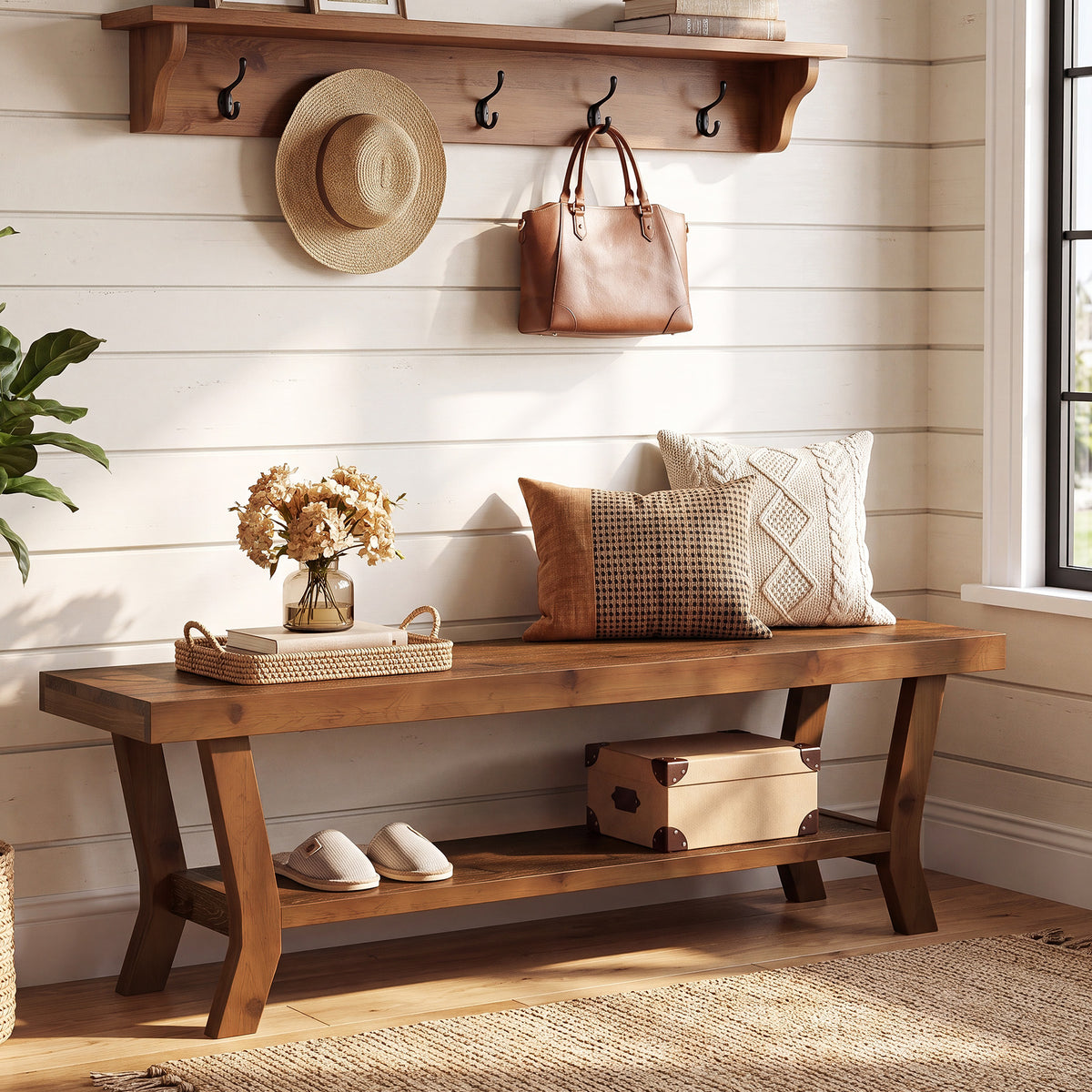 140cm Shoe Bench, Wooden Entryway Bench with Open Storage & X-Frame Legs