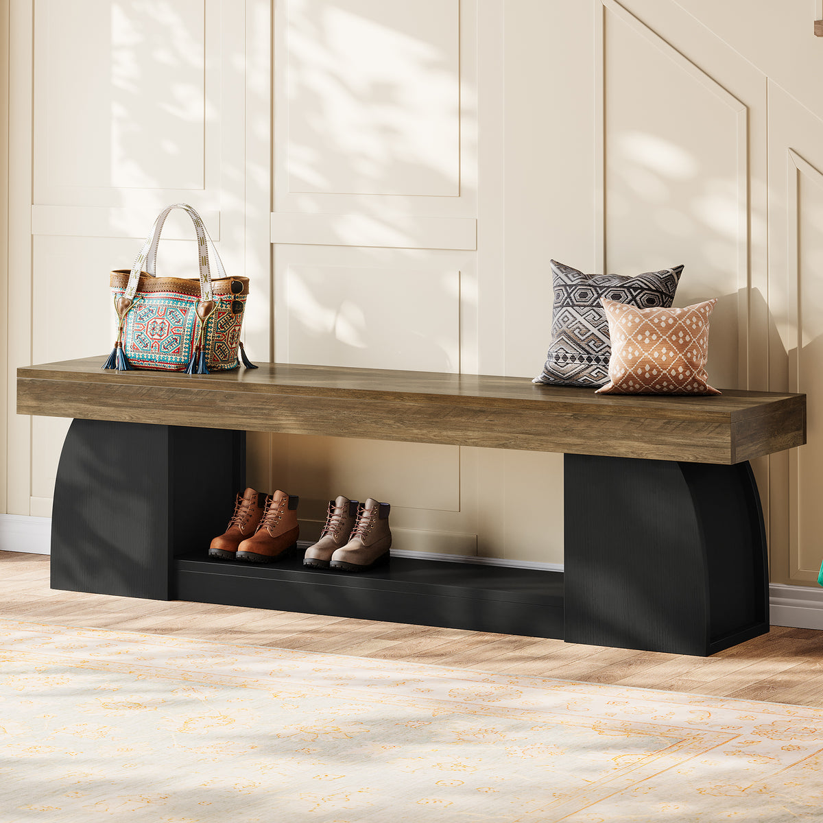 160cm Entryway Bench, 2-Tier Farmhouse End of Bed Bench with Sturdy Frame