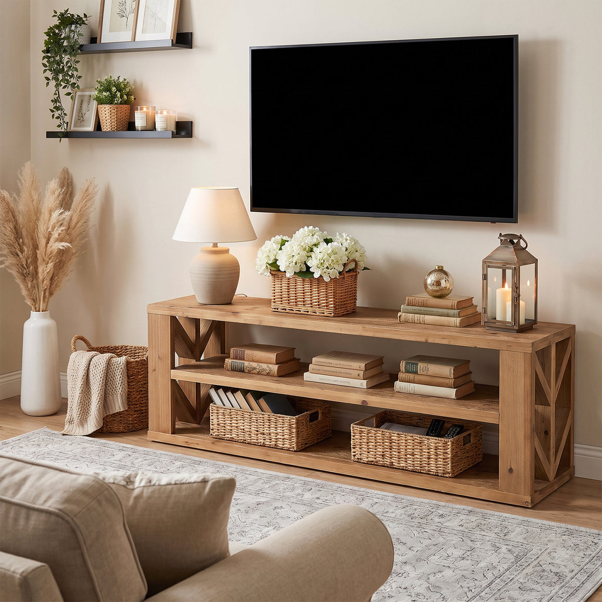 120cm TV Stand, 3-Tier Solid Wood Media Console with Open Shelf