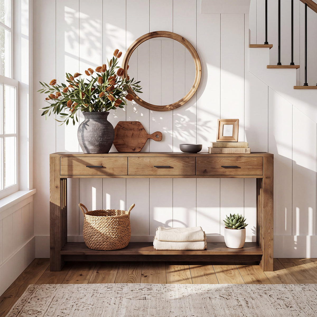 160cm Console Table, Solid Wood 3-Drawer 2-Tier Narrow Farmhouse Entryway Table