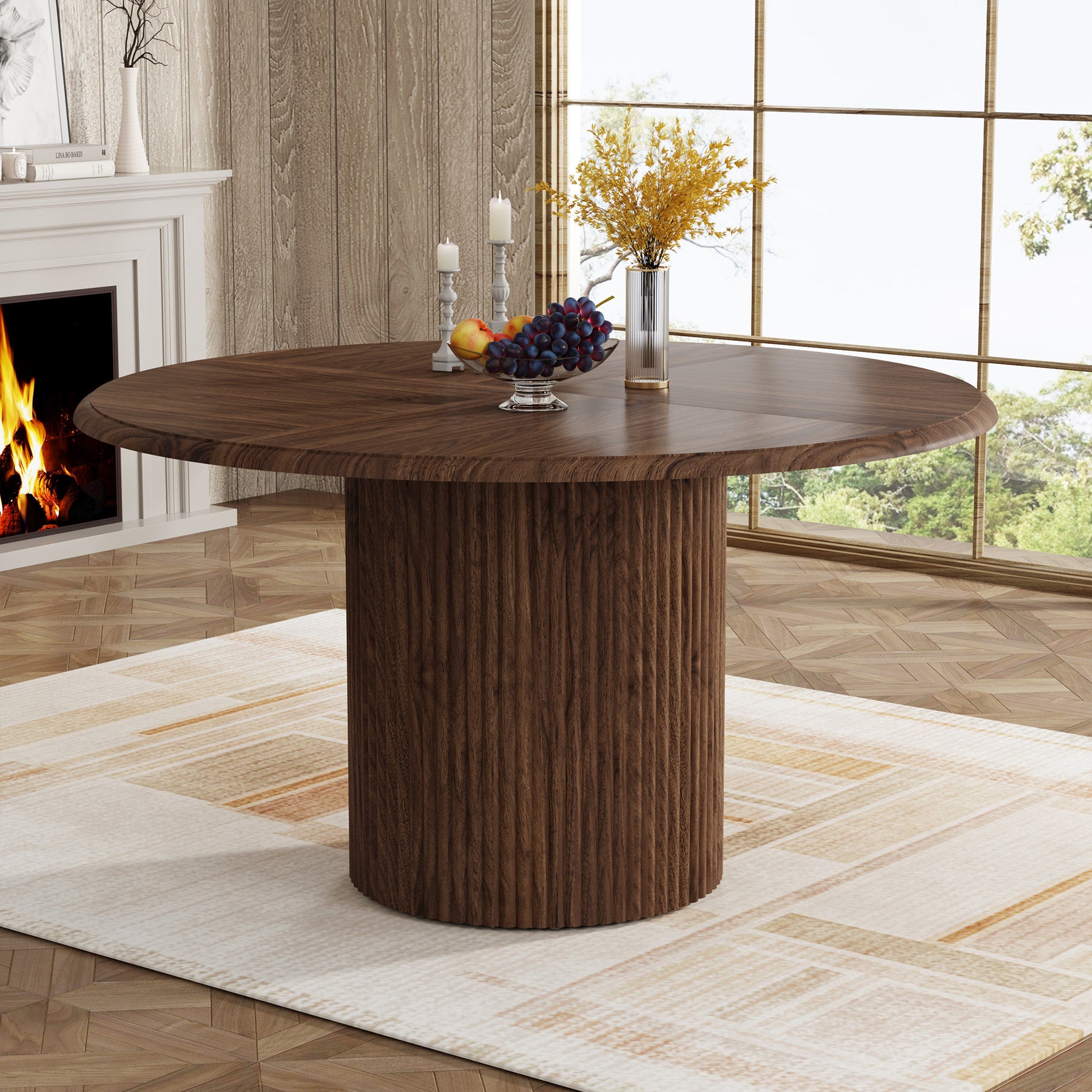 47.24" Round Dining Table, Farmhouse Kitchen Table with Metal Base for 4