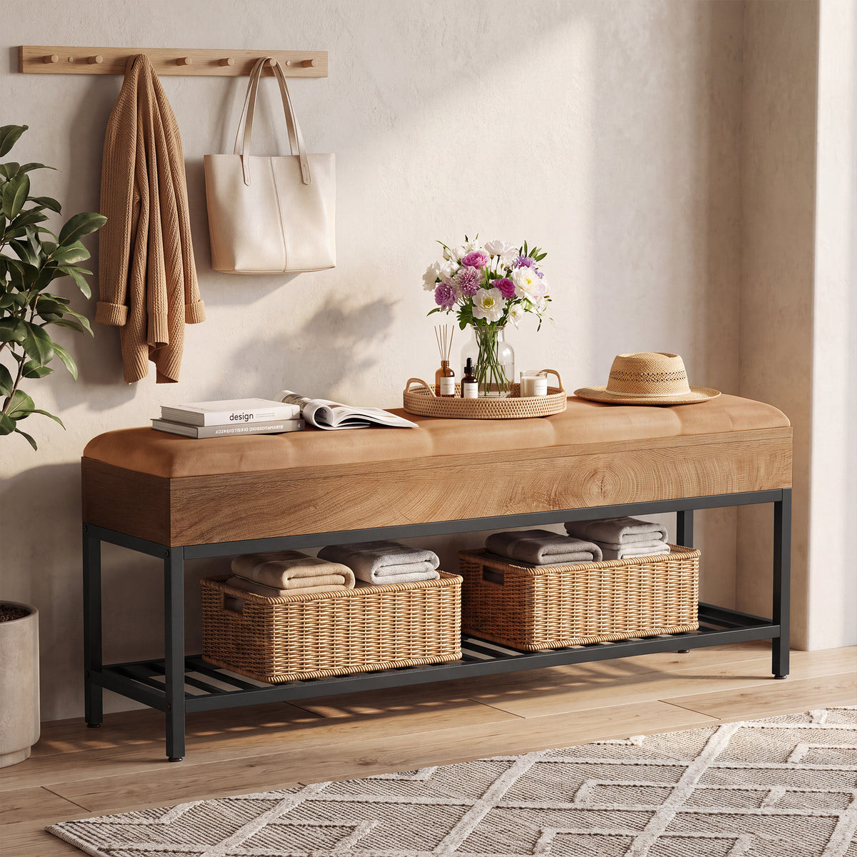 140cm Shoe Bench, 2-Tier Entryway Bench with Cushion & Metal Frame