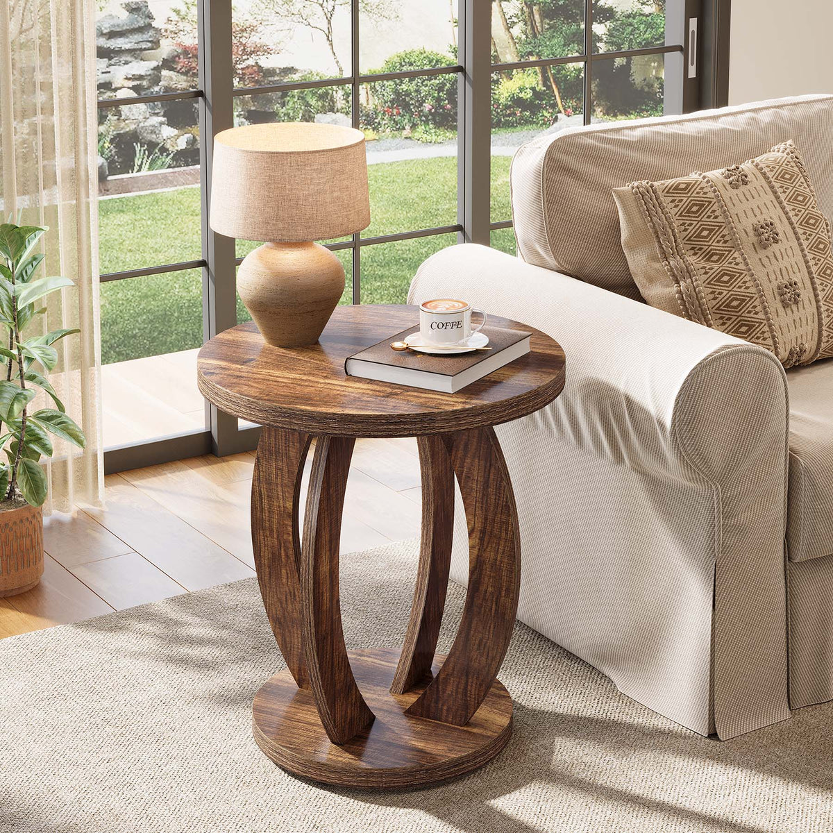 60cm Round End Table, Rustic Side Table with Storage for Living Room