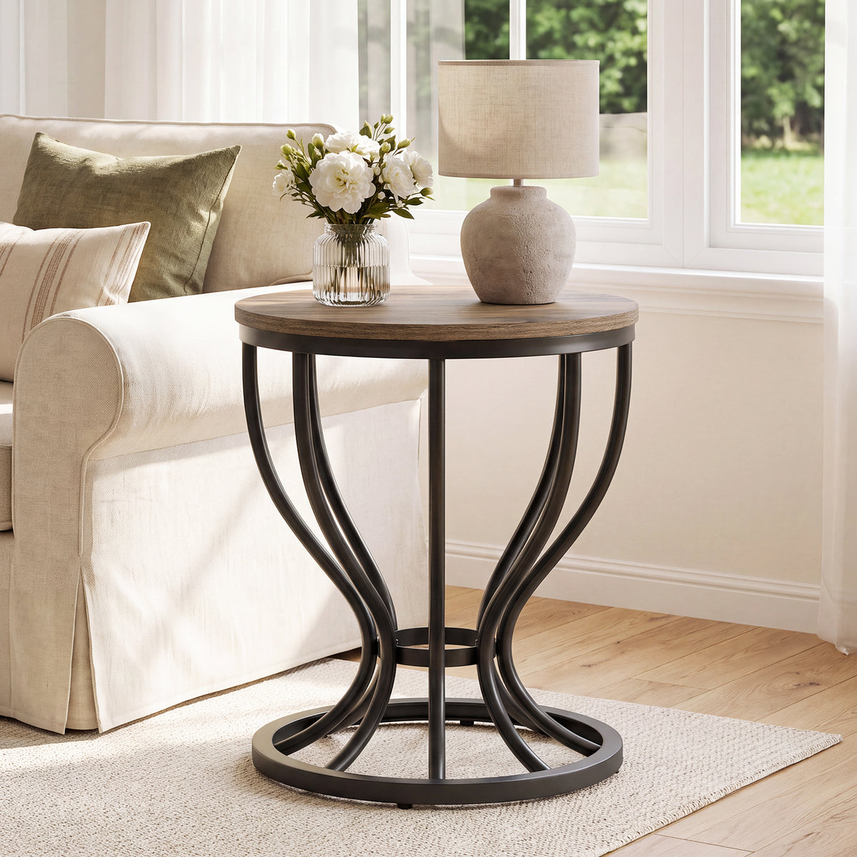 50cm Round Side Table, Industrial End Table with Curved Metal Frame