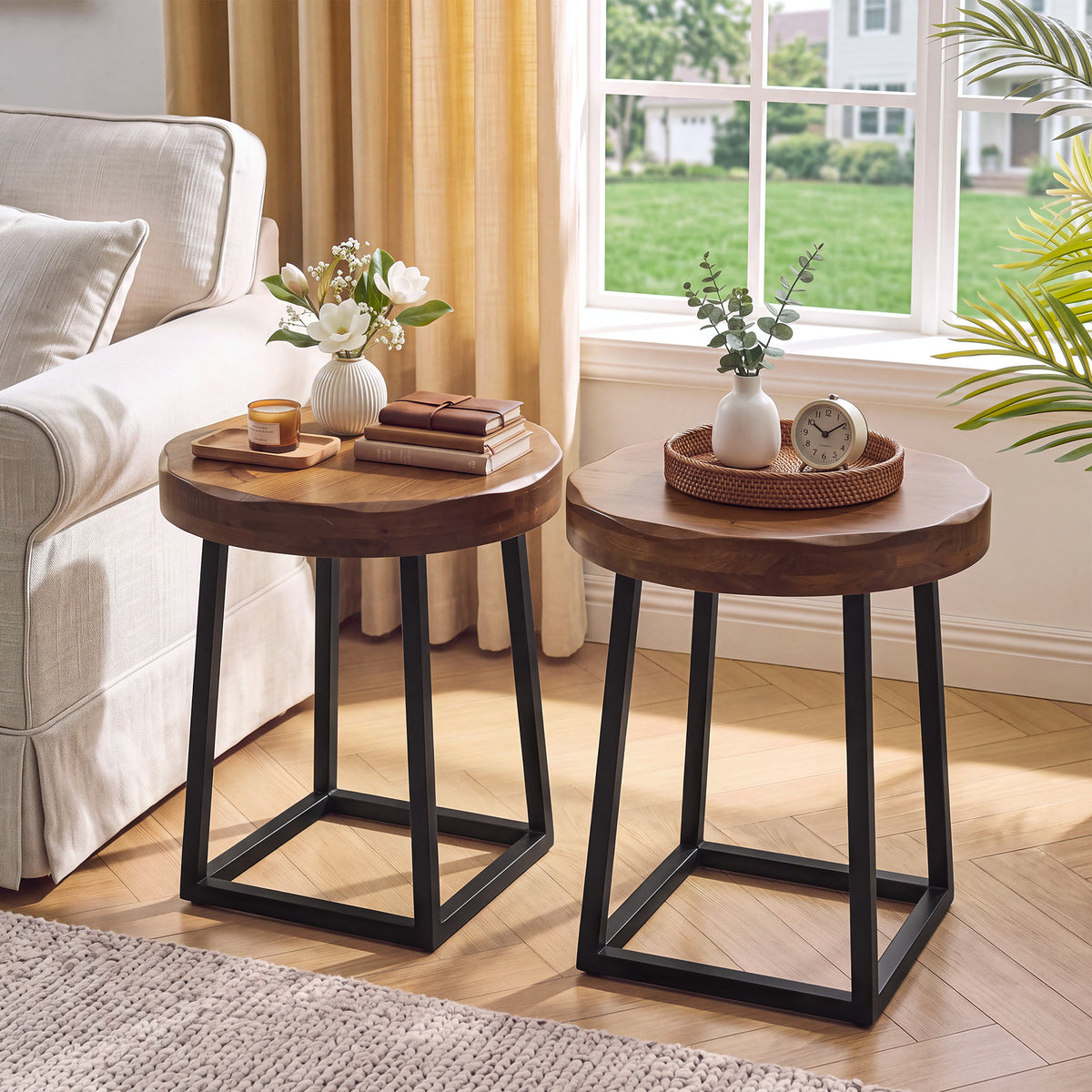 50cm Round End Table, Solid Wood Live Edge Side Table with Metal Base for Living Room