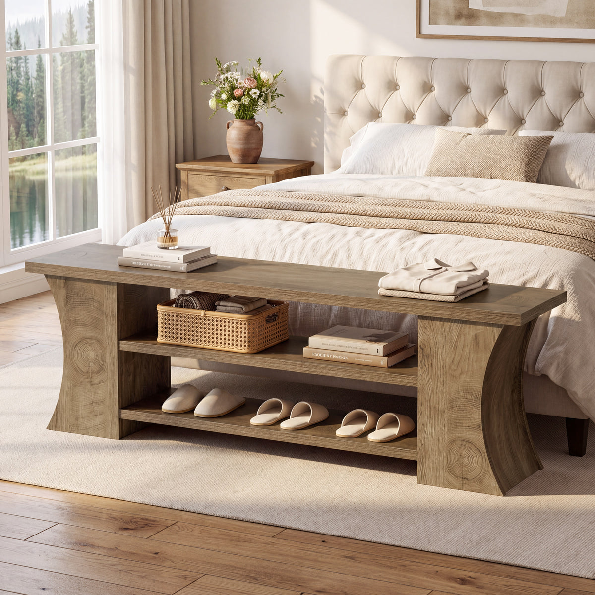 160cm Entryway Bench, 3-Tier Farmhouse Shoe Bench with Storage for Hallway