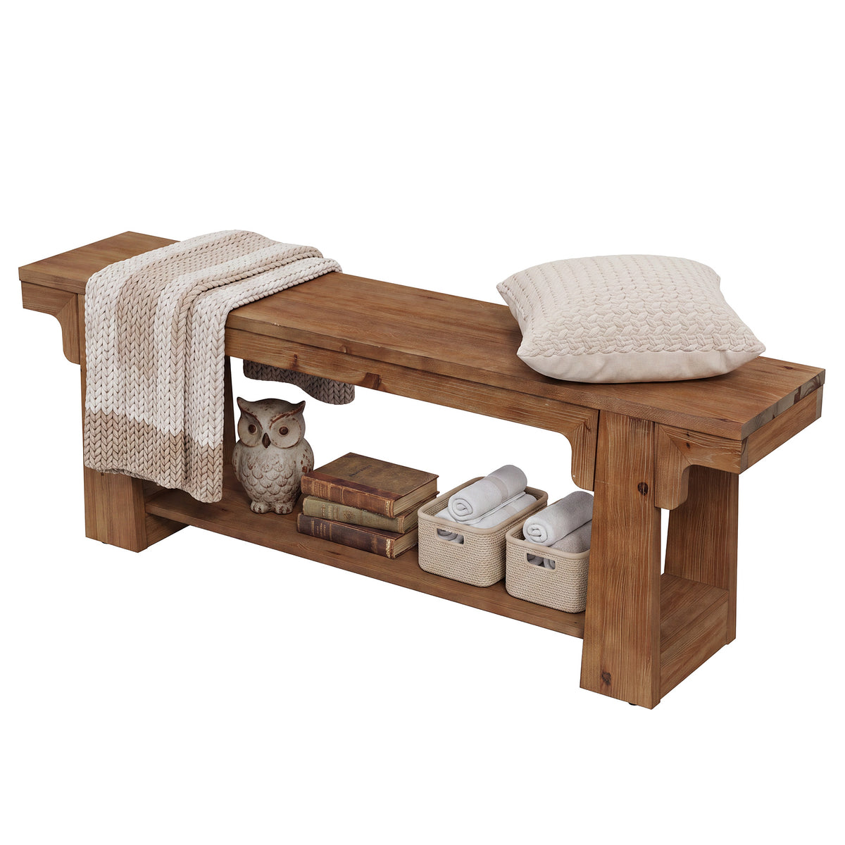 160cm Entryway Bench, Natural Solid Wood 2-Tier Open Shoe Storage for Hallway