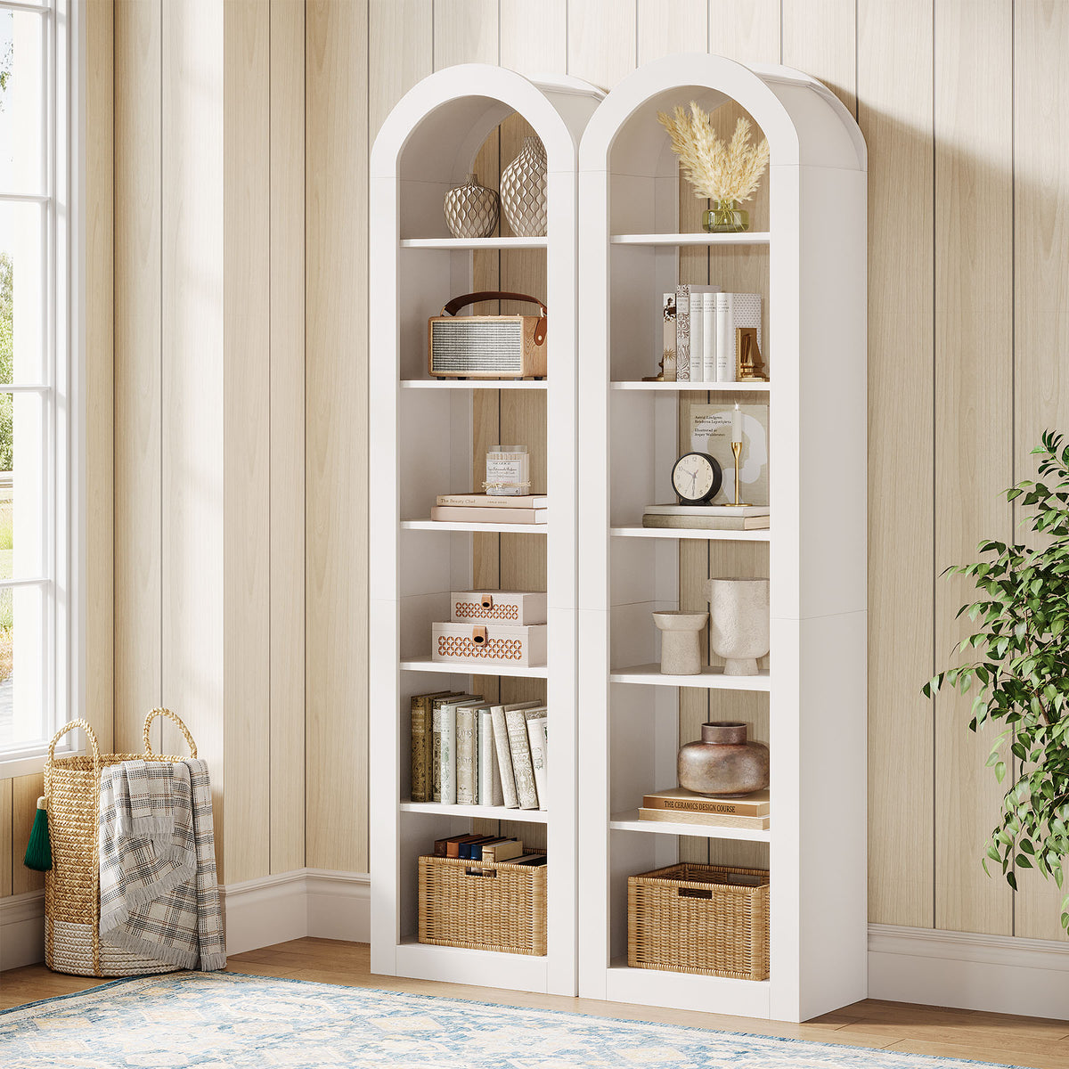 190cm Arched Bookshelf, 6-Tier Narrow White Storage Rack