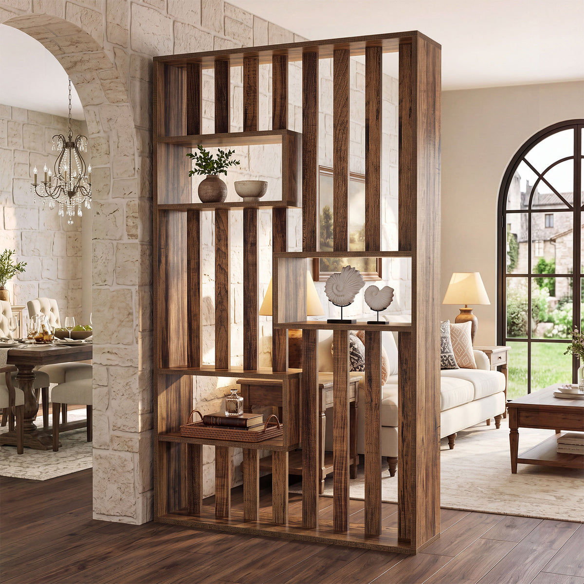 180cm Room Divider, Freestanding Slatted Partition with Built-in Shelves