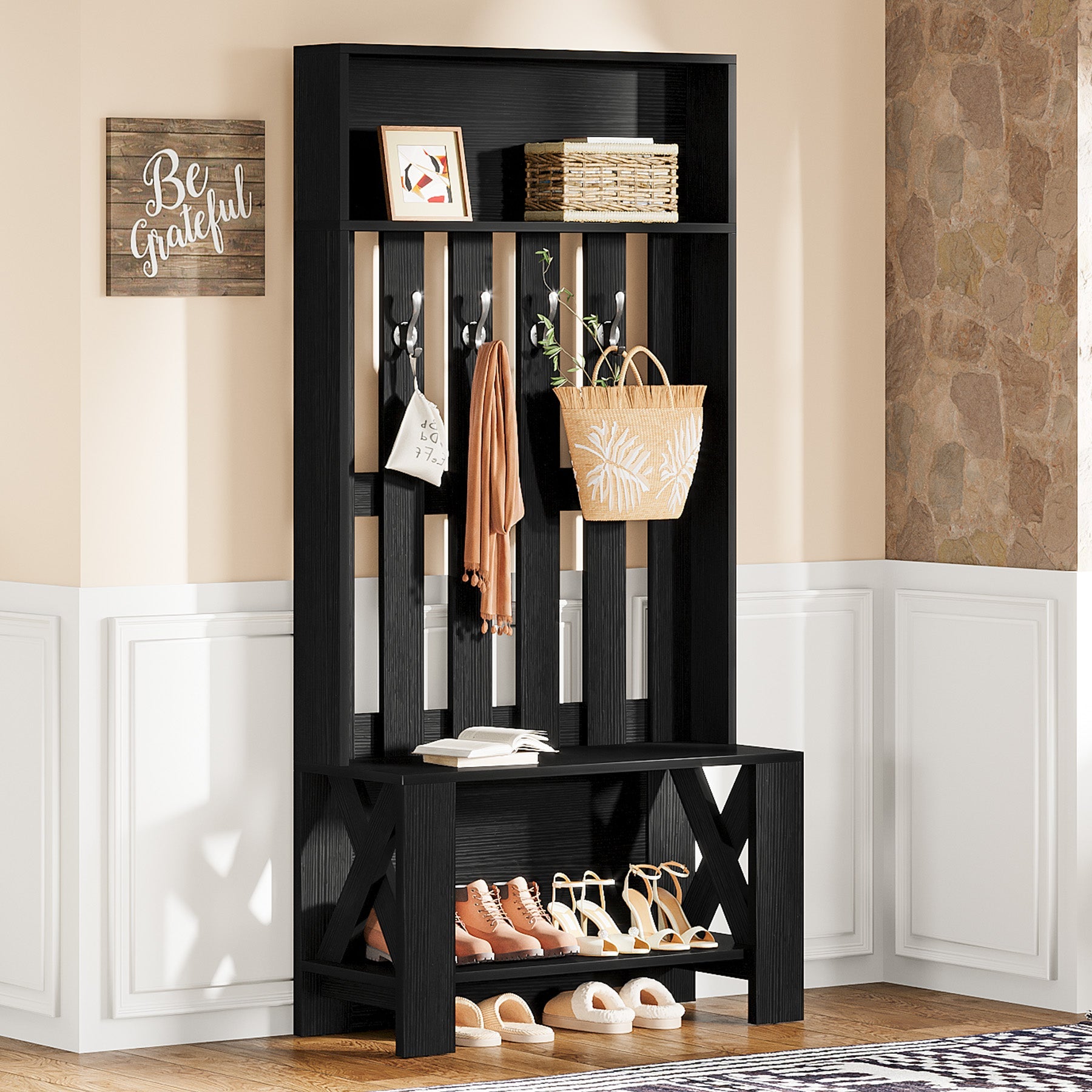 70.8" Freestanding Hall Tree with Shoe Bench and Hooks
