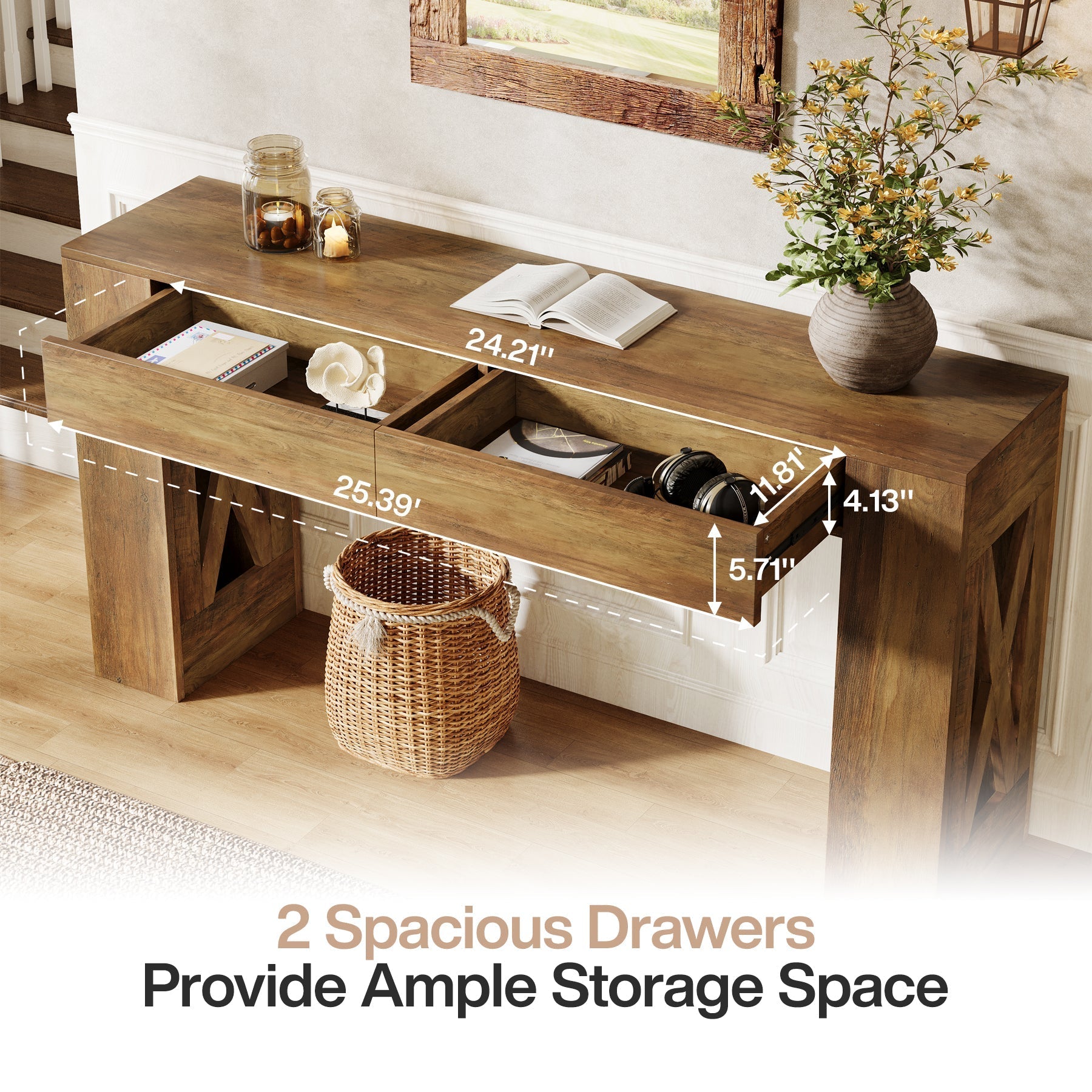 63" Farmhouse Console Table, X-Leg Sofa Table with 2 Drawers