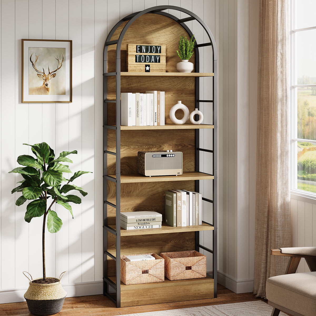 180cm Arched Bookshelf, Tall Wooden Storage Shelf for Living Room