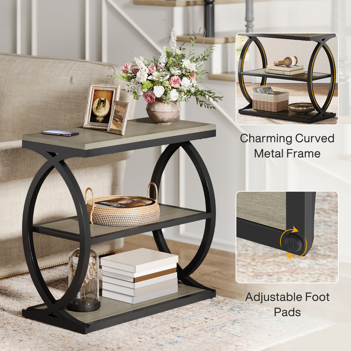 3-Tier End Table, Narrow Side Table Nightstand with Metal Frame