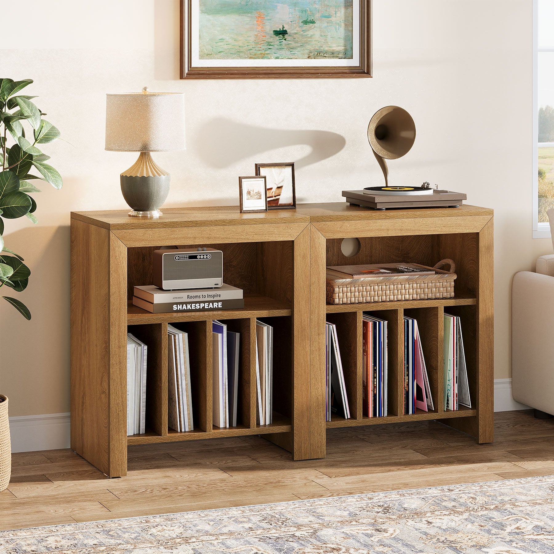 23.62" Industrial Record Player Cabinet with Wheels, Vinyl CD Media Storage Side Table