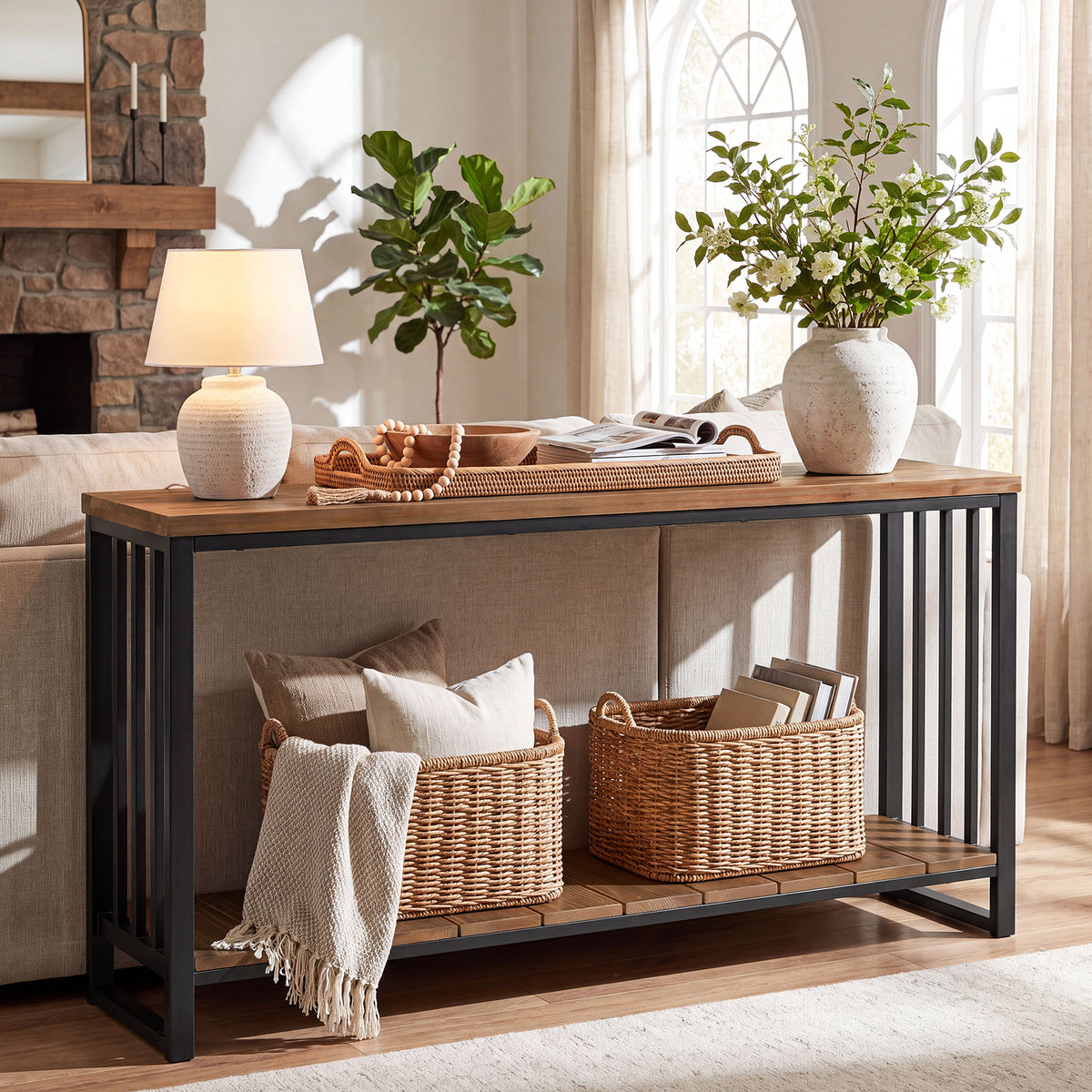 140cm Console Table, Narrow Country Hallway Table with Metal Frame