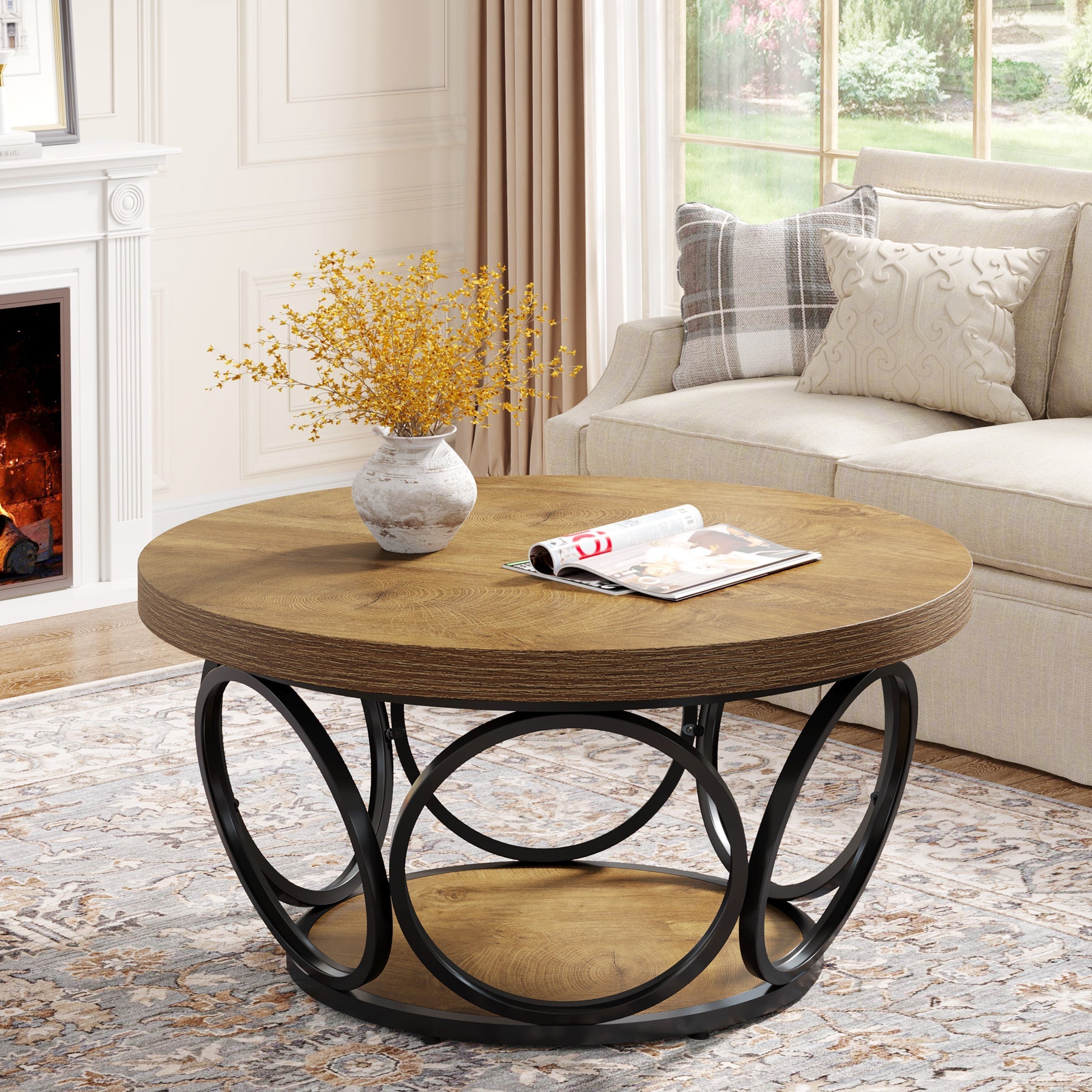Farmhouse Coffee Table, Round Center Table with 2 Storage Shelves