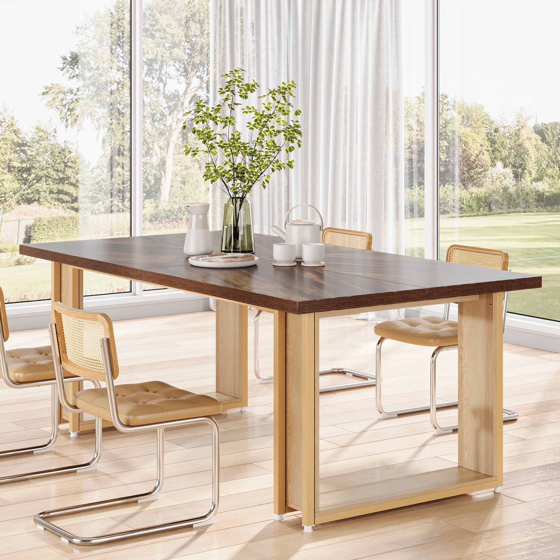 63" Dining Table, Wood Kitchen Table with Metal Frame for 4 People