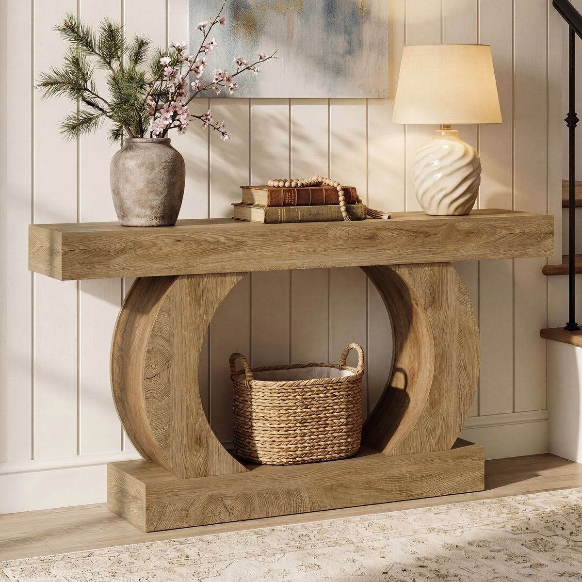 Rustic console table, 150 x 30 x 85 cm, with an open, round base,narrow two-tier hall table for hallways and living rooms