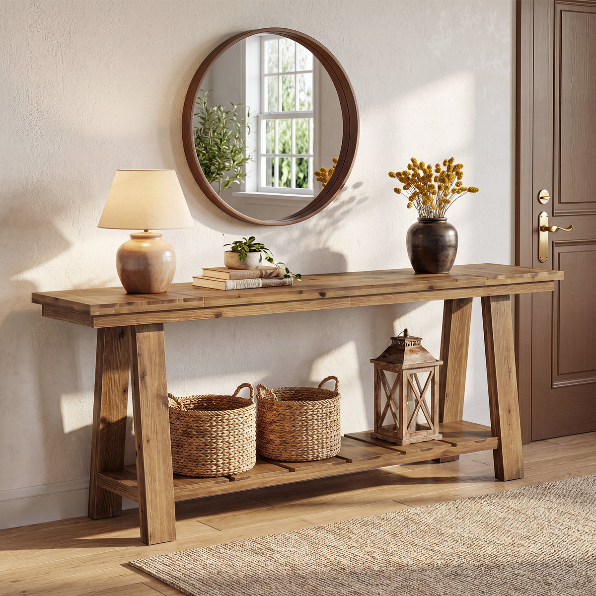 200cm Console Table, Long Farmhouse Entryway Table with 2-Tier Storage Shelf