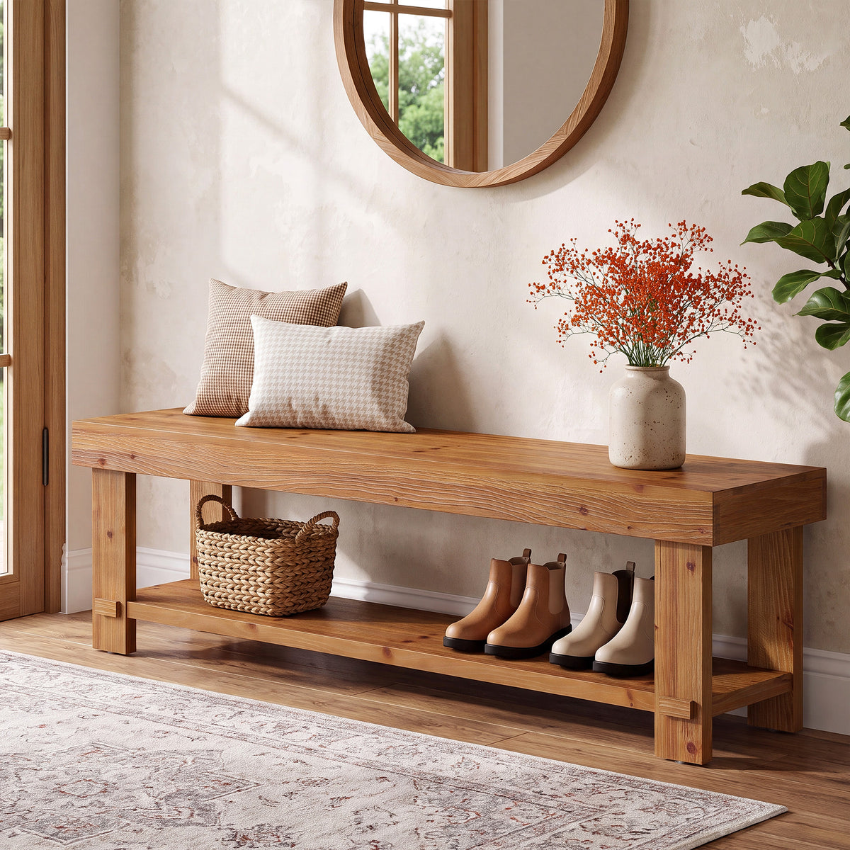 160cm Entryway Bench, Rustic Solid Wood 2-Tier Shoe Bench for Hallway