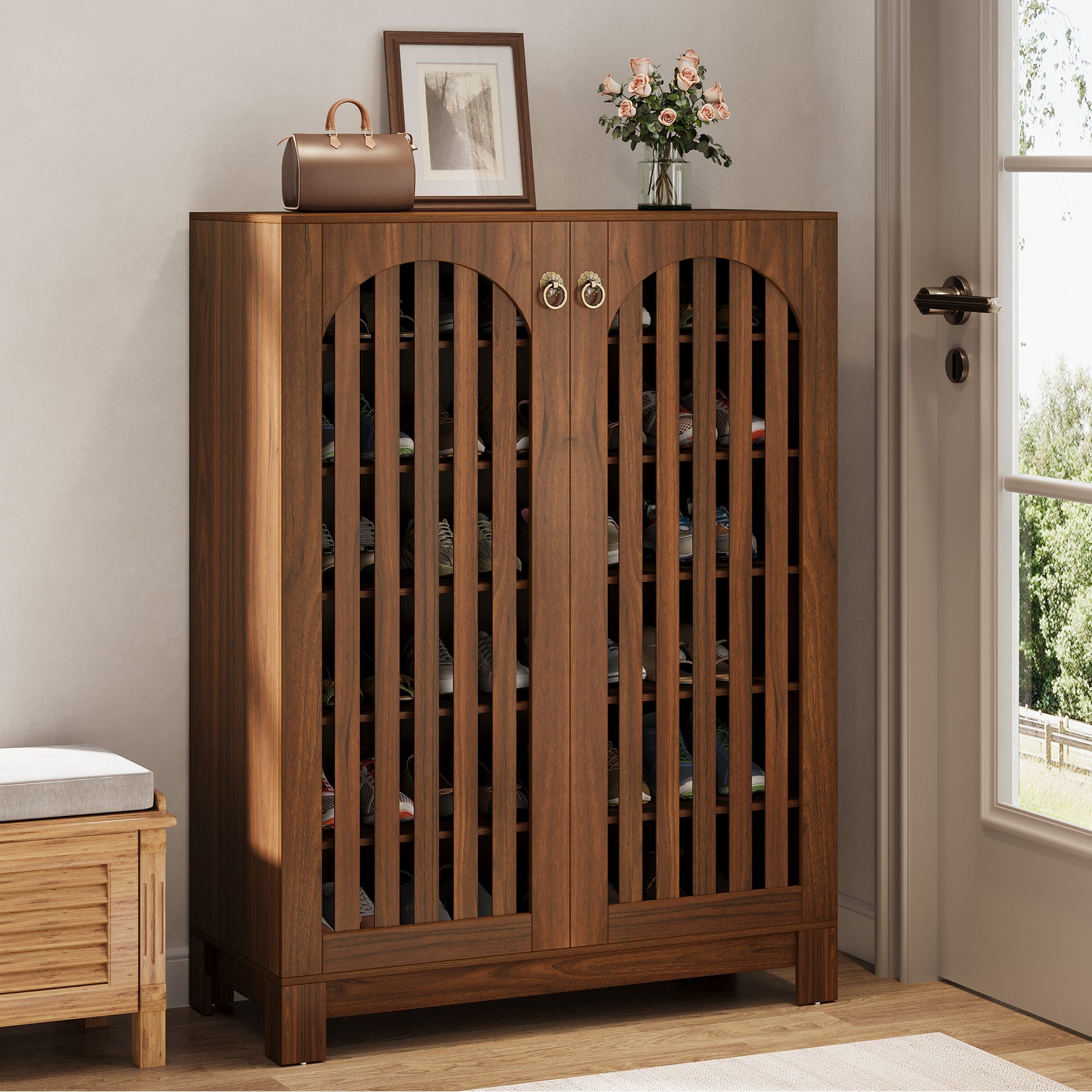 35" 6-Tier Shoe Cabinet, Wooden Shoe Rack with Airy Doors & Adjustable Shelves