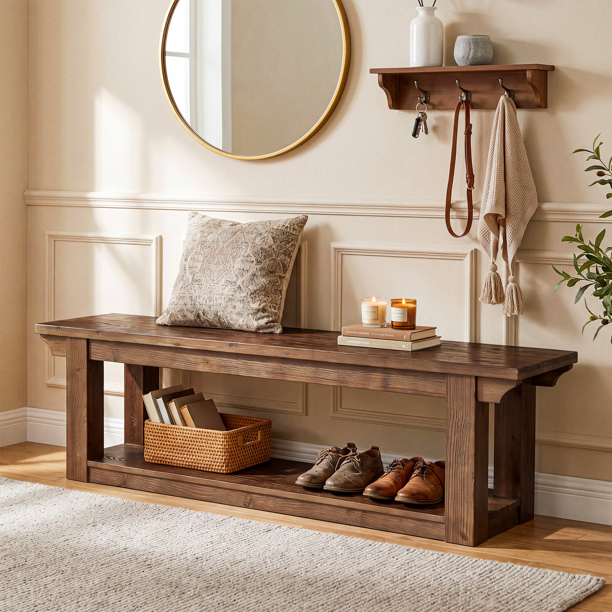 160cm Entryway Shoe Bench, Farmhouse Solid Wood 2-Tier Storage for Hallway Bedroom