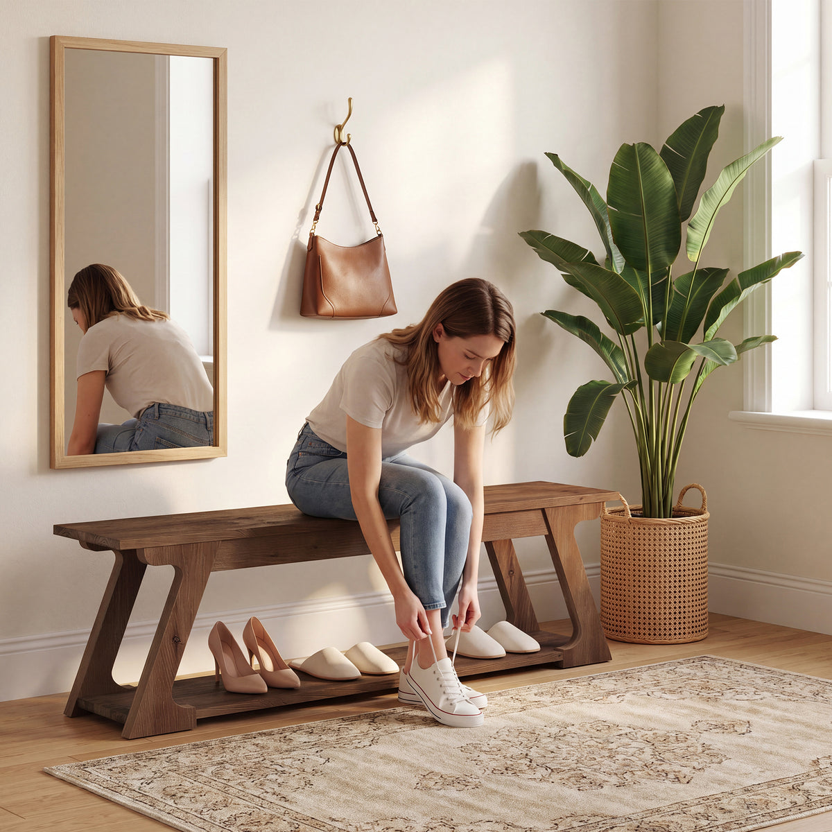 150cm Entryway Bench, Solid Wood Farmhouse Storage Bench for Hallway Living Room