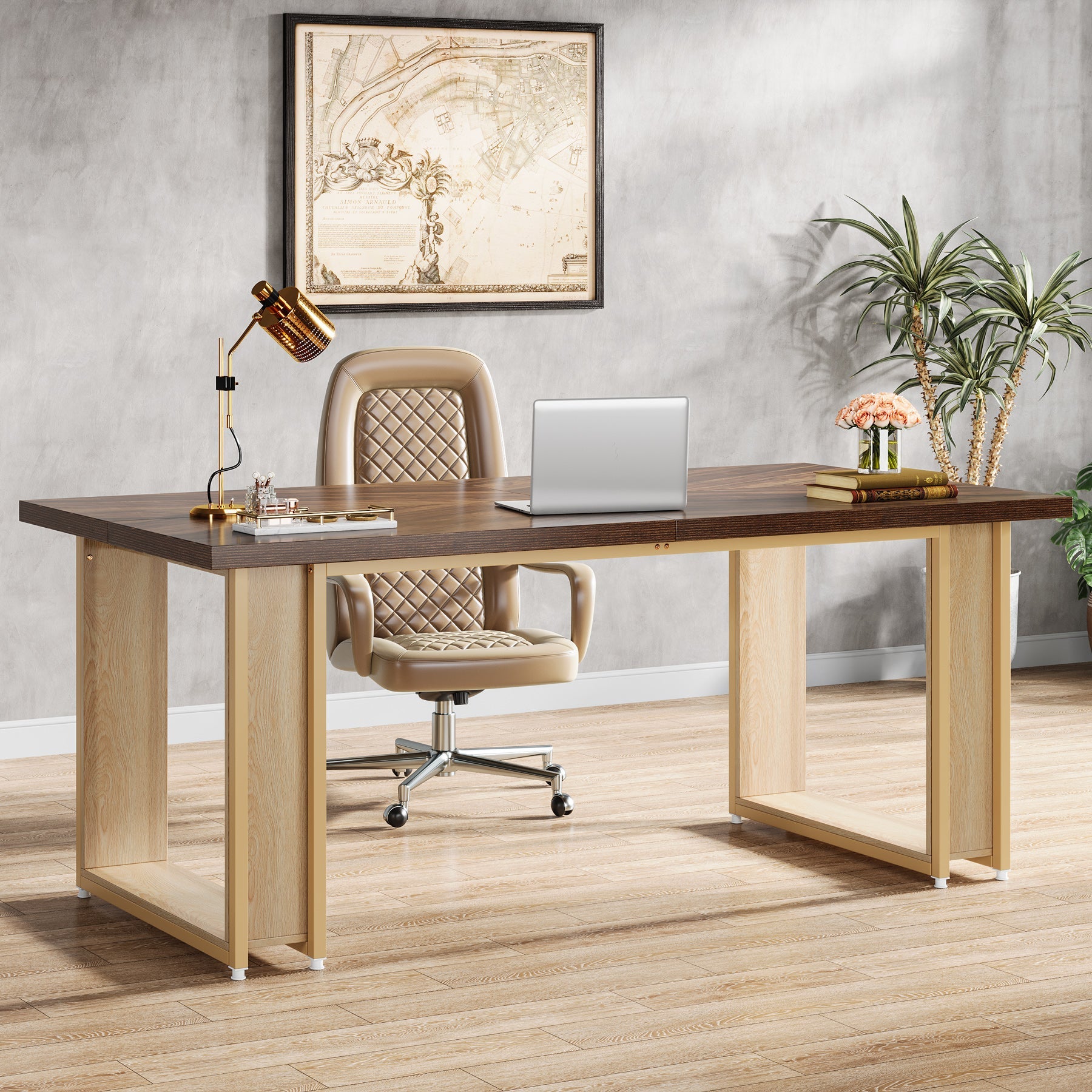 63" Office Desk, Wood Computer Desk with Metal Frame for Home Office Bedroom Study