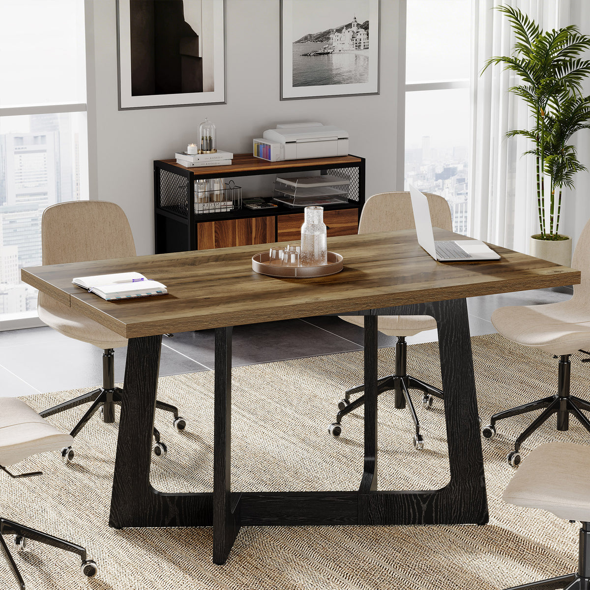 120cm Conference Table, Industrial Office Meeting Table with Sturdy Metal Base for 2-4 People