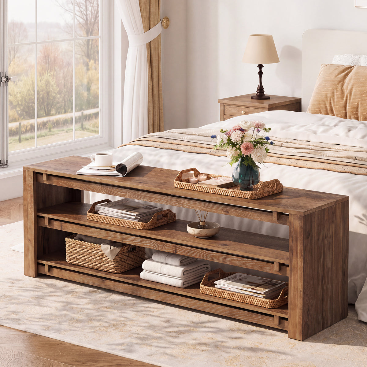 160cm Entryway Bench, 3-Tier Solid Wood Shoe Bench with Storage for Hallway Bedroom