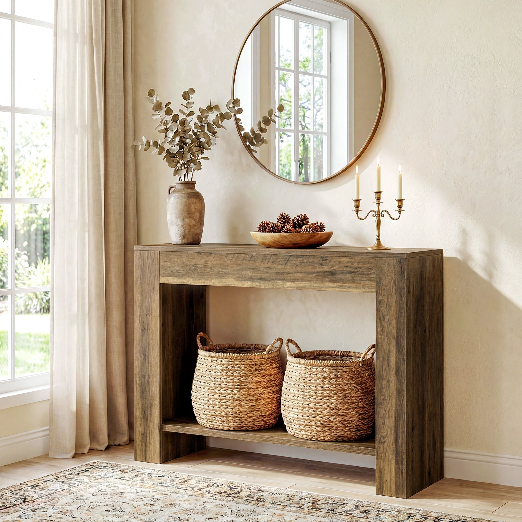 105cm Farmhouse Console Table with 2-Tier Shelf, Narrow Entryway Sofa Table with Storage