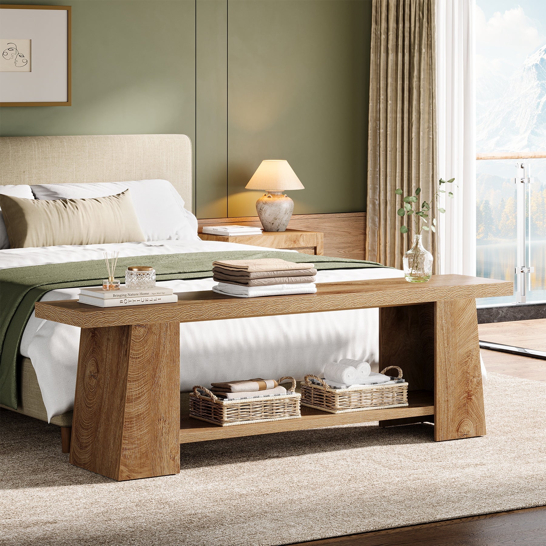 59" 2-Tier Entryway Bench, Shoe Bench End of Bed Bench with Storage Shelves