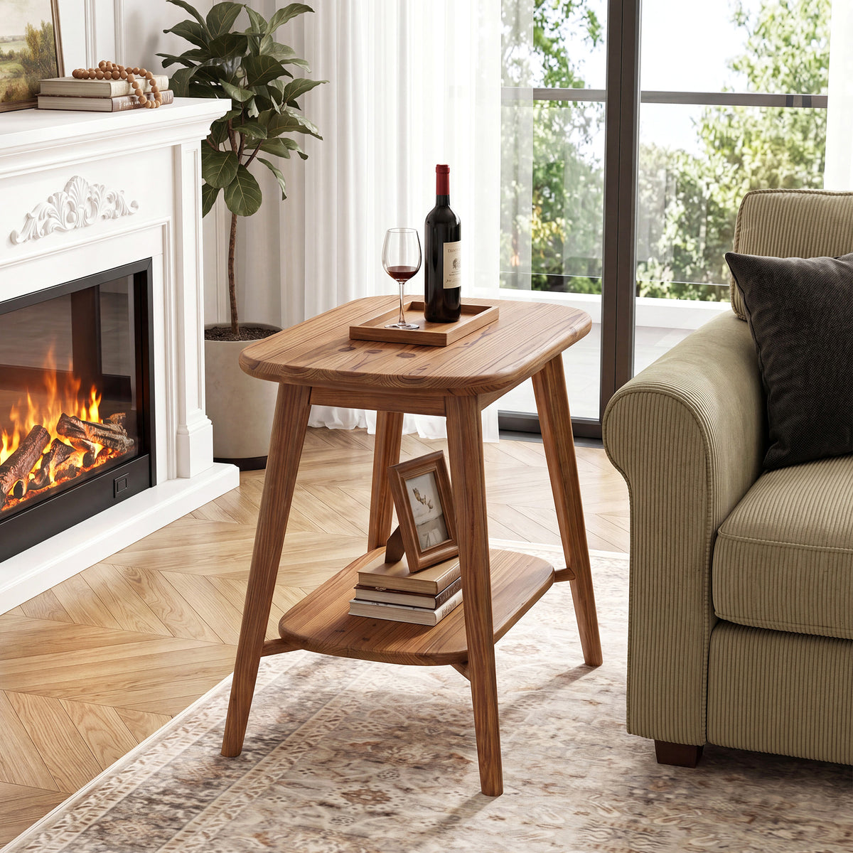50cm End Table, Farmhouse 2-Tier Solid Wood Side Table with Rounded Corners