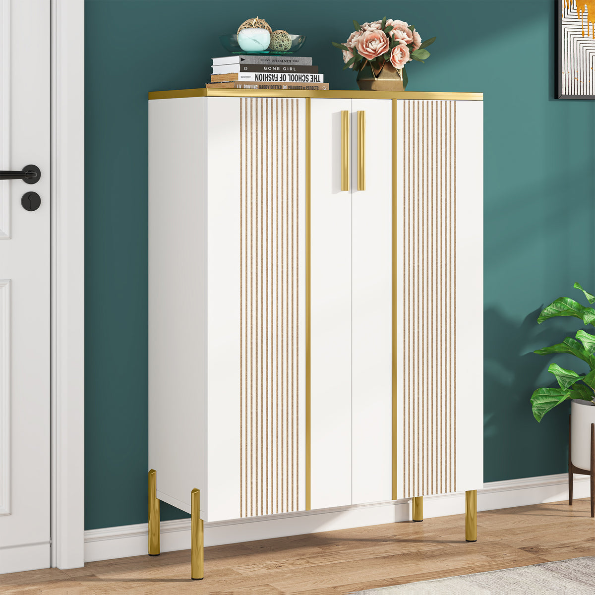 100cm Shoe Cabinet, White 6-Shelf Storage Cabinet with Gold Accents